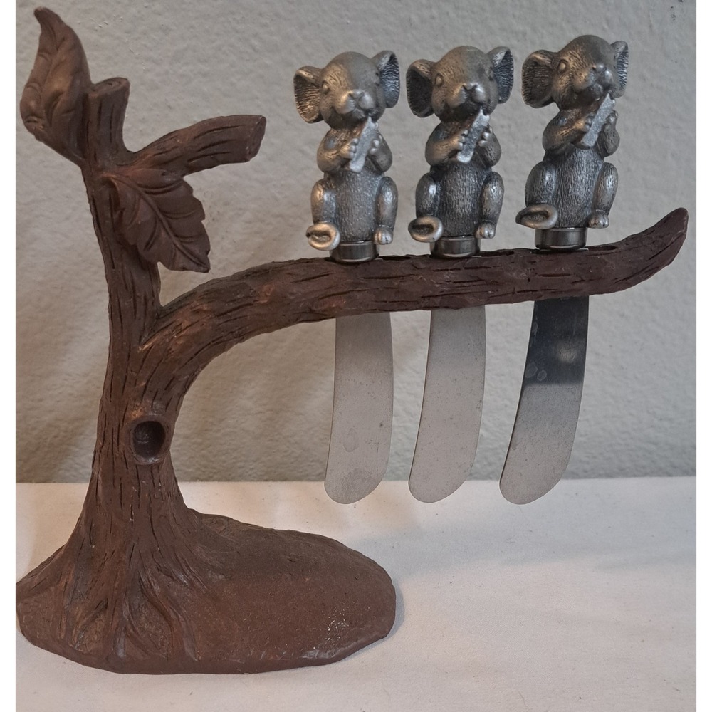 Whimsical Mouse Cheese Spreader Set w/ Tree Stand Rustic Woodland Decor